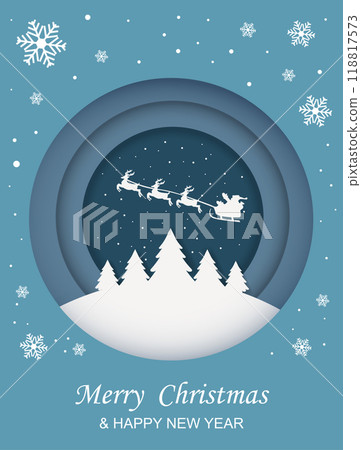Christmas card or invitation in cut paper style. Christmas night in the forest, Santa in a sleigh in the sky. Christmas card or invitation in cut paper style. Christmas night in the forest, Santa in a sleigh in the sky. 118817573