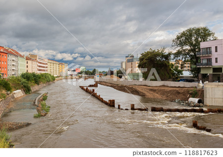Flood wall in river basin of Svratka, Brno, Czech republic, floods after storm Boris, September 15, 2024. Flood wall in river basin of Svratka, Brno, Czech republic, floods after storm Boris, September 15, 2024. 118817623