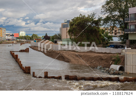 Flood wall in river basin of Svratka, Brno, Czech republic, floods after storm Boris, September 15, 2024. Flood wall in river basin of Svratka, Brno, Czech republic, floods after storm Boris, September 15, 2024. 118817624