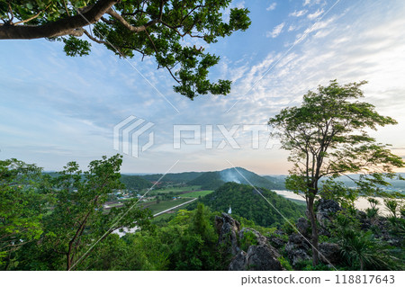 Landscape of Mountains and lakes with smoke on mountain in sunset at Phu Sub Lek Reservoir, Lopburi, Landscape of Mountains and lakes with smoke on mountain in sunset at Phu Sub Lek Reservoir, Lopburi, 118817643