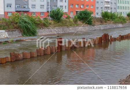 Flood wall in river basin of Svratka, Brno, Czech republic, floods after storm Boris, September 15, 2024. 118817656