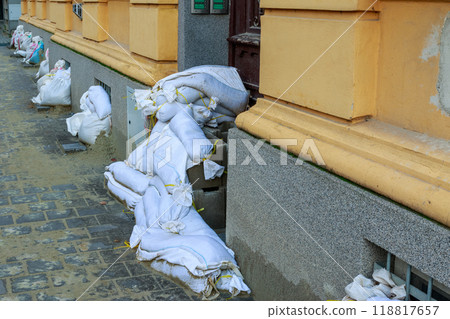 Sand bags in front of the door in the house on riverbank of Svratka, Brno, Czech republic, floods after storm Boris, September 15, 2024. Sand bags in front of the door in the house on riverbank of Svratka, Brno, Czech republic, floods after storm Boris, September 15, 2024. 118817657