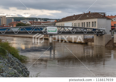 Flood wall in river basin of Svratka, Brno, Czech republic, floods after storm Boris, September 15, 2024. 118817659