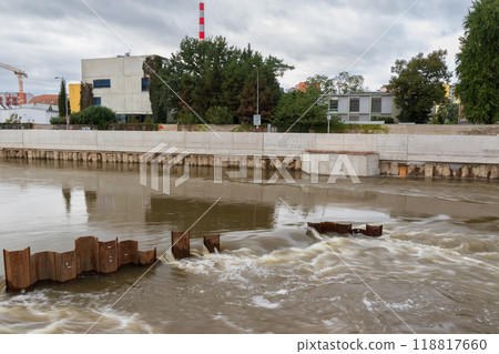Flood wall in river basin of Svratka, Brno, Czech republic, floods after storm Boris, September 15, 2024. Flood wall in river basin of Svratka, Brno, Czech republic, floods after storm Boris, September 15, 2024. 118817660