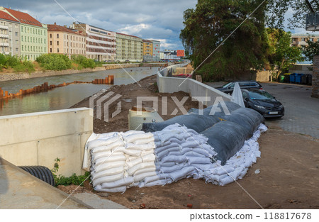Flood wall from sandbags in river basin of Svratka, Brno, Czech republic, floods after storm Boris, September 15, 2024. Flood wall from sandbags in river basin of Svratka, Brno, Czech republic, floods after storm Boris, September 15, 2024. 118817678