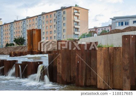 Flood wall in river basin of Svratka, Brno, Czech republic, floods after storm Boris, September 15, 2024. Flood wall in river basin of Svratka, Brno, Czech republic, floods after storm Boris, September 15, 2024. 118817685