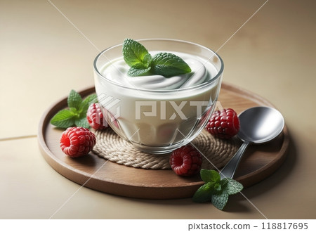 natural organic yogurt in a glass jar with berries, organic natural product 118817695