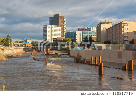 Flood wall in river basin of Svratka, Brno, Czech republic, floods after storm Boris, September 15, 2024. 118817719