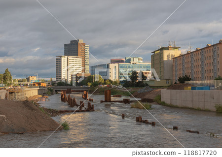 Flood wall in river basin of Svratka, Brno, Czech republic, floods after storm Boris, September 15, 2024 118817720