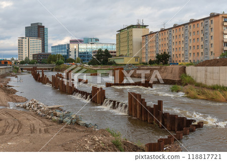 Flood wall in river basin of Svratka, Brno, Czech republic, floods after storm Boris, September 15, 2024. 118817721