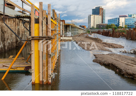 Flood wall in river basin of Svratka, Brno, Czech republic, floods after storm Boris, September 15, 2024 Flood wall in river basin of Svratka, Brno, Czech republic, floods after storm Boris, September 15, 2024 118817722