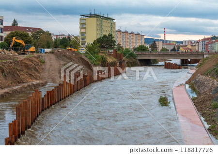 Flood walls in river basin of Svratka, Brno, Czech republic, floods after storm Boris, sidewalk under water, September 15, 2024. Flood walls in river basin of Svratka, Brno, Czech republic, floods after storm Boris, sidewalk under water, September 15, 2024. 118817726
