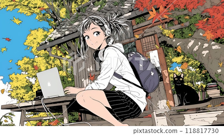 A young woman who cannot put down her PC amid the beautiful autumn leaves A young woman who cannot put down her PC amid the beautiful autumn leaves 118817730