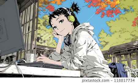 A young woman who cannot put down her PC amid the beautiful autumn leaves A young woman who cannot put down her PC amid the beautiful autumn leaves 118817734