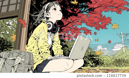 A young woman who cannot put down her PC amid the beautiful autumn leaves A young woman who cannot put down her PC amid the beautiful autumn leaves 118817739