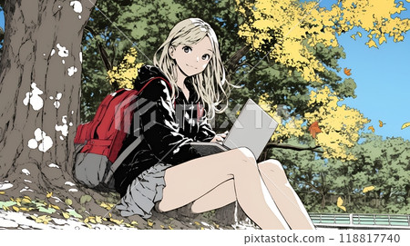 A young woman who cannot put down her PC amid the beautiful autumn leaves A young woman who cannot put down her PC amid the beautiful autumn leaves 118817740