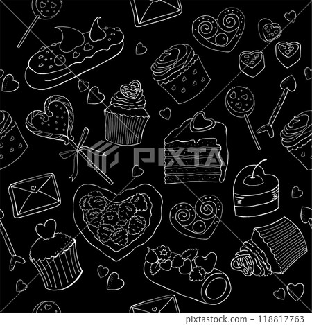 Seamless pattern with pastry sketch. St. Valentine's Day print on black background. Outline vector Valentine's Day design for textile, wrapping paper, wallpaper. Seamless pattern with pastry sketch. St. Valentine's Day print on black background. Outline vector Valentine's Day design for textile, wrapping paper, wallpaper. 118817763