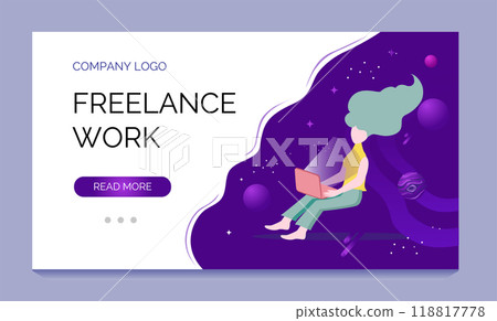 Freelance work. A young woman with laptop hovers in space. Vector illustration for landing page. Freelance work. A young woman with laptop hovers in space. Vector illustration for landing page. 118817778