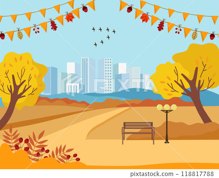 Autumn festive landscape vector banner. Autumn city park, orange trees, bench, migratory birds, road, holiday garlands. Fall season illustration. Autumn festive landscape vector banner. Autumn city park, orange trees, bench, migratory birds, road, holiday garlands. Fall season illustration. 118817788