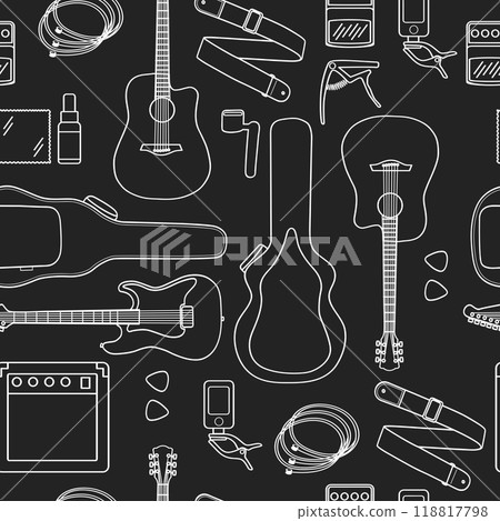 Electric guitar, acoustic guitar and accessories seamless black pattern. Capo, case, strap, picks, strings. 118817798
