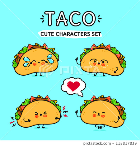 Funny cute happy Taco characters bundle set. Vector hand drawn doodle style cartoon character illustration. Isolated on blue background. Taco mascot character collection 118817839