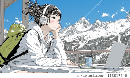 A young woman who can't put down her PC even though she's at a ski resort 118817846