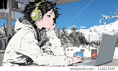 A young woman who can't put down her PC even though she's at a ski resort 118817847