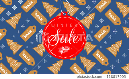 Vector horizontal banner on the theme - Winter Sale. Red label in the form of a new year's ball on a blue background. 118817903