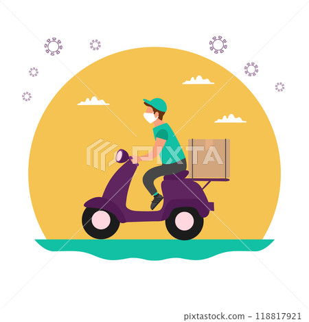 A food delivery during the coronavirus pandemic. Courier on a scooter wearing a mask and gloves. Contactless delivery. The icon on yellow background. A food delivery during the coronavirus pandemic. Courier on a scooter wearing a mask and gloves. Contactless delivery. The icon on yellow background. 118817921
