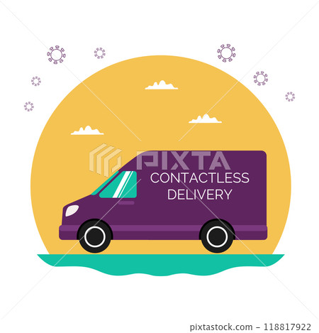 A food delivery van during the coronavirus pandemic. Contactless delivery. The icon is a purple van on a yellow background. A food delivery van during the coronavirus pandemic. Contactless delivery. The icon is a purple van on a yellow background. 118817922