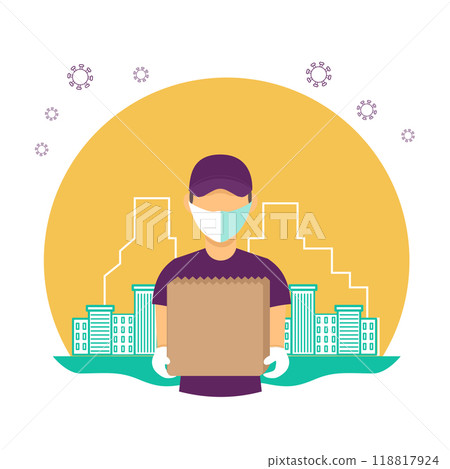 Courier wearing a mask and gloves. A food delivery during the coronavirus pandemic. Contactless delivery. The icon on yellow background. Courier wearing a mask and gloves. A food delivery during the coronavirus pandemic. Contactless delivery. The icon on yellow background. 118817924