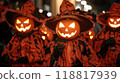 carved jack o lanterns with glowing faces. Spooky Halloween Pumpkins and Candles 118817939