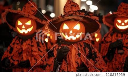 carved jack o lanterns with glowing faces. Spooky Halloween Pumpkins and Candles carved jack o lanterns with glowing faces. Spooky Halloween Pumpkins and Candles 118817939