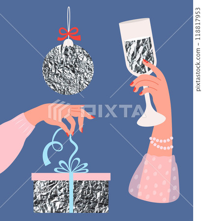 Woman Hand in pink opens bow from silver gift box, holds glass with silver drink and Christmas ball with bow. Vector illustration. Isolated New Year holiday trend elements with textured shiny metal. 118817953