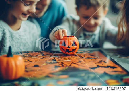 Parents and kids play board games at home on Halloween 118818207