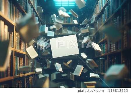 A library with books flying everywhere, including a white piece of paper 118818333
