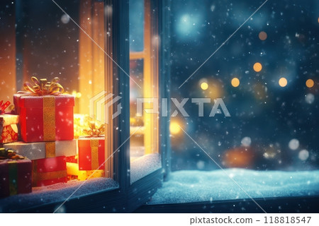A box with a bow sits on a window sill 118818547