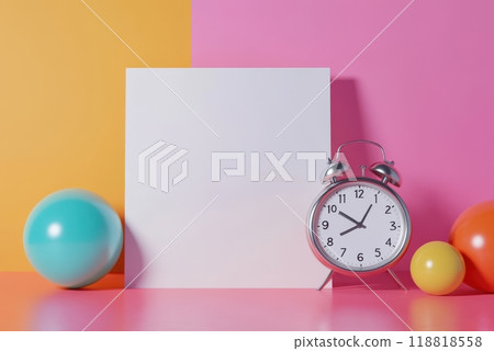 A white clock sits on a table next to a white sign A white clock sits on a table next to a white sign 118818558