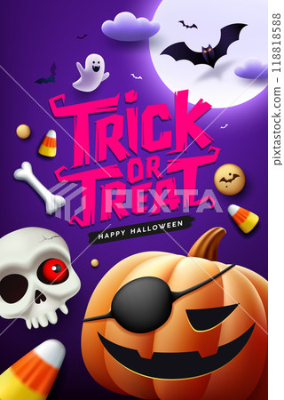 Happy Halloween, trick or treat text design, Pumpkin, Scary skulls, moon night bat flying poster 118818588