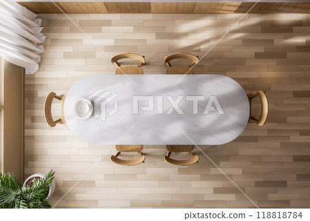 Top view of minimal style modern contemporary dining room interior 3d render 118818784