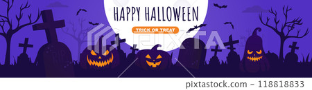Happy Halloween banner design. Party invitation template with spooky pumpkins with glowing evil smile, huge mystery moon at night, flying bats, cemetery tombstones silhouette. Vector illustration. Happy Halloween banner design. Party invitation template with spooky pumpkins with glowing evil smile, huge mystery moon at night, flying bats, cemetery tombstones silhouette. Vector illustration. 118818833