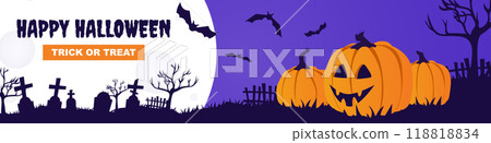 Happy Halloween banner design. Party invitation template with spooky pumpkins with evil smile, huge mystery moon at night, flying creepy bats, black trees and cemetery silhouette. Vector illustration. 118818834