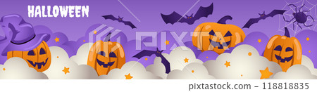 Happy Halloween banner design. Party invitation template with spooky pumpkins with evil smiles in clouds and stars and wearing witch hat, flying creepy bats, black spider on web. Vector illustration. Happy Halloween banner design. Party invitation template with spooky pumpkins with evil smiles in clouds and stars and wearing witch hat, flying creepy bats, black spider on web. Vector illustration. 118818835