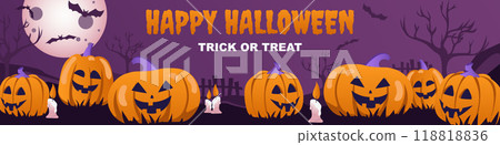 Happy Halloween banner design. Party invitation template with spooky pumpkins with evil smiles, candles, huge mystery moon at night, flying creepy bats, black trees silhouette. Vector illustration. Happy Halloween banner design. Party invitation template with spooky pumpkins with evil smiles, candles, huge mystery moon at night, flying creepy bats, black trees silhouette. Vector illustration. 118818836