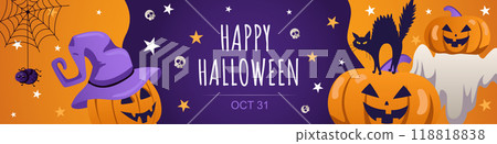 Happy Halloween banner design. Party invitation template with creepy pumpkins with evil smiles and wearing witch hat, black cat, spooky ghost, spider on web, skulls and stars. Vector illustration. 118818838