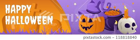 Happy Halloween banner design. Party invitation template with creepy cemetery tombstones, spooky pumpkin in witch hat, scary skull with candle, poisonous potion in cauldron. Vector illustration. 118818840