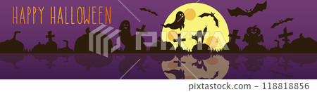 Happy Halloween banner design. Party invitation purple template with cemetery night silhouette, flying spooky ghosts and bats, pumpkins, tombstone crosses, huge moon, black cat. Vector illustration. 118818856