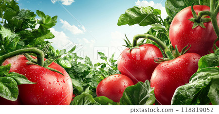Experience the delightful essence of Fresh and Juicy Tomatoes thriving in a Lush Green Garden 118819052