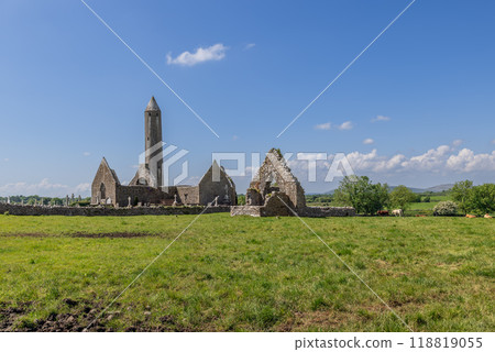 The ruins of Kilmacduagh Abbey, with its round tower and stone walls, set in a pastoral landscape 118819055