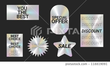 Holographic stickers logos emblem labels color set. Discount Sale. For packaging product of promotional material. Sticker for clothes or accessories. Vector illustration. 118819091